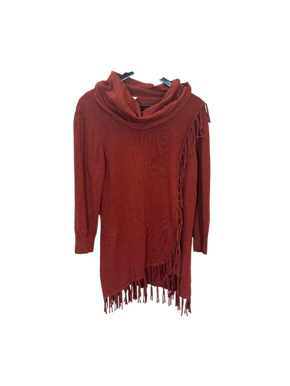 Reba Rusty Red Long Sleeve Fringe Mock Neck Medium